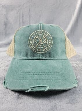NWT Adams Tin Cup Mountain Whiskey Tan Green Distressed Snapback Trucker Hat
